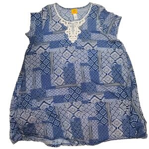 Ruby Road 1X Blue Patterned Short Sleeved Dress with Unique Neckline Design